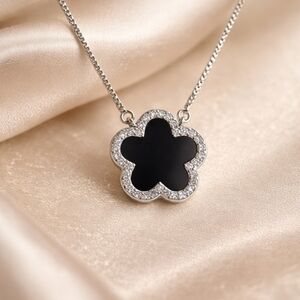 Sterling Silver S925 Black Flower Necklace w/ Marcasite Halo 18” Elegant